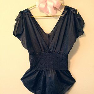 Vintage Black Teddy with Sheer Lace and Bows